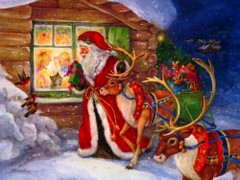 Mikołaj przy domku z prezentami
